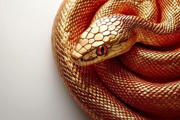 Close-Up of a Gorgeous Golden Snake Curled Elegantly Against a Light Background, Showcasing Intricate Scales and Striking Red Eyes for Nature Photography