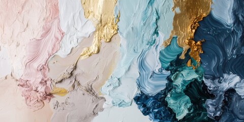 Naklejka premium Colorful brush strokes blend harmoniously, showcasing pastel shades and bold blues, enhanced by vibrant gold highlights on a smooth surface, creating depth