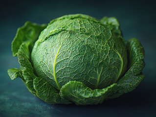 Fototapeta premium Close-up of a fresh green savoy cabbage on a dark background, showcasing its textured leaves and natural detail