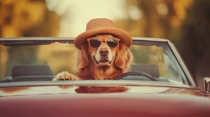 Naklejka premium Golden Retriever driving convertible, autumn road trip