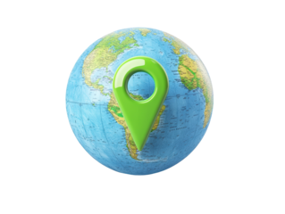 Isolated Blue World Globe with Green Map Marker