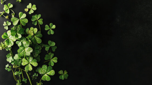 Minimalistic St. Patrick's Day background featuring fresh green shamrocks on a dark surface, providing ample copy space for festive messages and creative designs