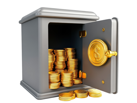 Isolated Open Safe with Gold Coins, Money
