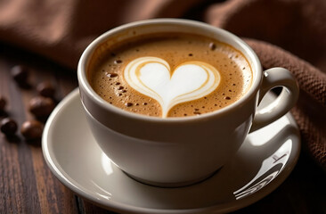 Obraz premium Cup of coffee with heart shaped foam on a wooden surface with a fabric background and some coffee beans