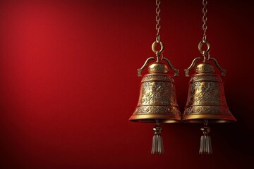 Two Ornate Metal Bells Hanging Against a Rich Red Background with Intricate Designs and Decorative Tassels Emphasizing Elegance and Cultural Significance