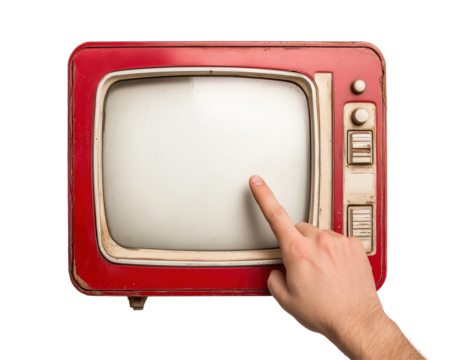 Isolated Hand Touching Red Retro Television Screen with Grime