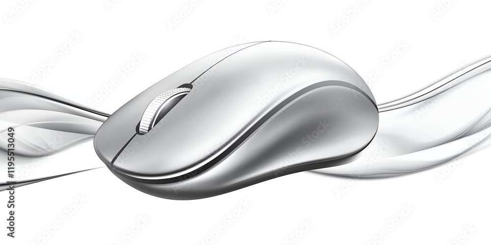 Poster sleek silver computer mouse with a flowing abstract background of soft white and gray waves, represe