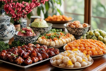Obraz premium An Abundance of Colorful and Flavorful Asian Dishes Arranged in a Traditional Setting with Decorative Floral Elements and Tableware