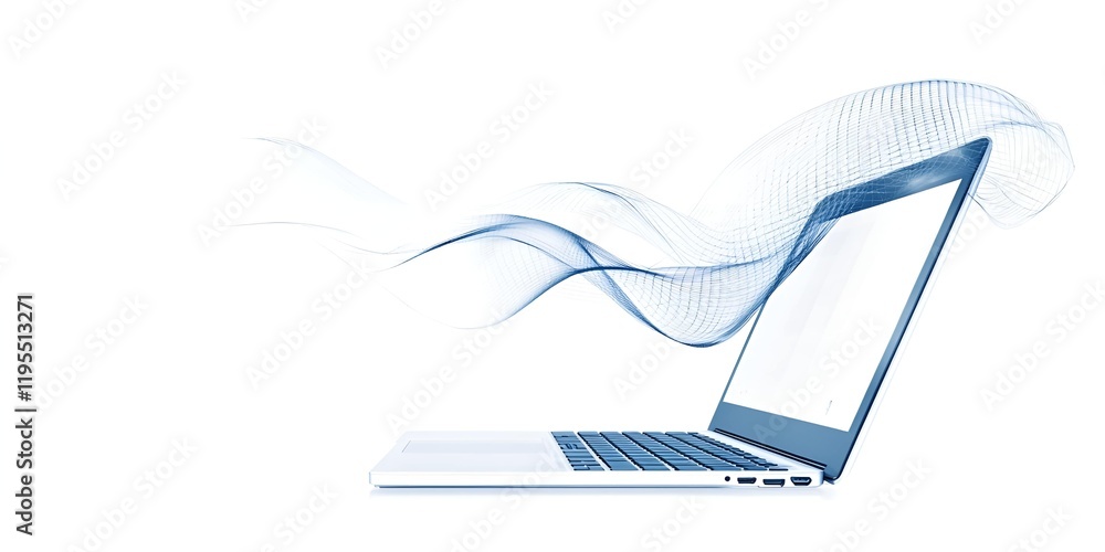 Fototapete open laptop with a sleek modern design and flowing blue abstract digital waves symbolizing connectiv