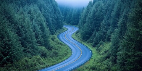 A sleek electric car on a winding forest road, symbolizing sustainable travel and eco-friendly transportation. Perfect for environmental campaigns.