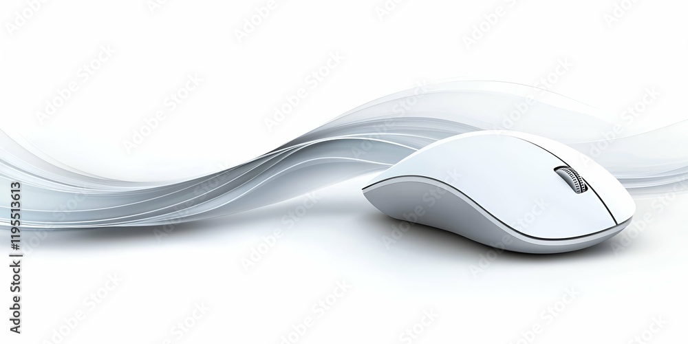 Poster minimalistic white computer mouse with a sleek ergonomic design, placed against a flowing abstract b