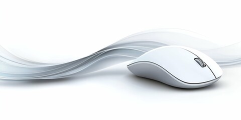 Minimalistic white computer mouse with a sleek ergonomic design, placed against a flowing abstract background, symbolizing technology, innovation, and simplicity