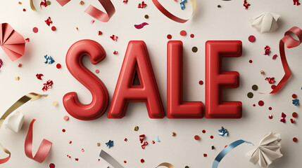 A bold red "SALE" in large 3D letters, surrounded by vibrant splashes of paint, confetti, and dynamic ribbons that swirl around it, all on a plain white background.