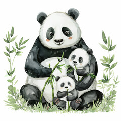 Adorable Panda Family with Baby Pandas and Bamboo in a Whimsical Illustration