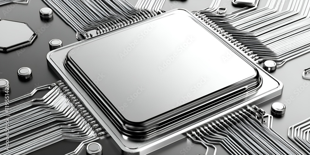 Poster close-up of a metallic processor chip on a sleek black circuit board, symbolizing advanced technolog
