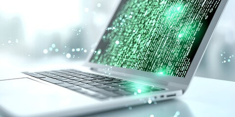 Laptop displaying glowing green binary code with light particle effects, symbolizing programming, digital technology, and cybersecurity in a futuristic workspace