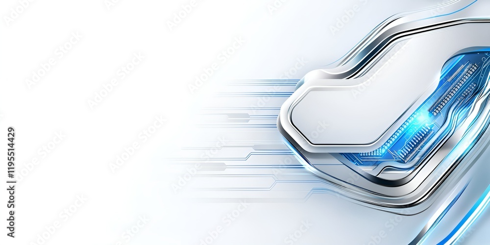 Poster futuristic abstract design featuring sleek silver and blue tech-inspired elements with circuit board