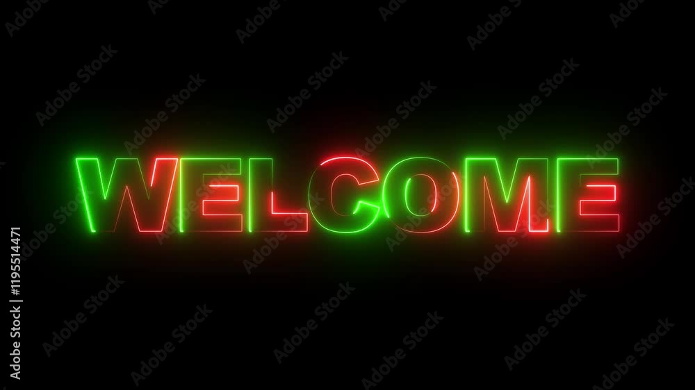 Poster glowing neon sign welcome . welcome neon text .glowing neon line welcome text animation in black bac