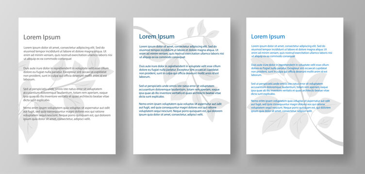 Three A4 letter mockup templates featuring lorem ipsum text and a floral watermark. The documents are displayed on a light gray background. Concept of document layout design. Vector illustration