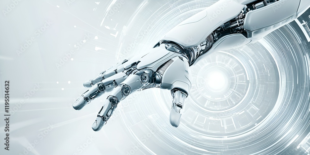 Poster futuristic robotic hand reaching forward, surrounded by a glowing circular digital interface, symbol
