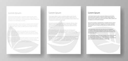 Three A4 letter mockup templates featuring lorem ipsum text and a floral watermark. The documents are displayed on a light gray background. Concept of document layout design. Vector illustration