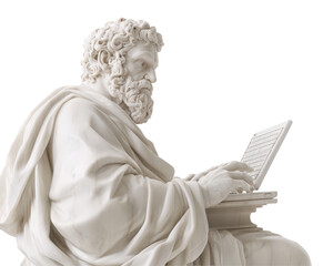 Isolated Marble Statue of Philosopher Using Laptop