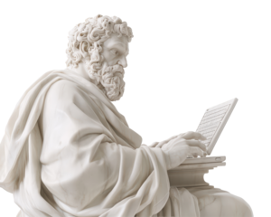 Isolated Marble Statue of Philosopher Using Laptop
