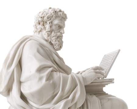 Isolated Marble Statue of Philosopher Using Laptop