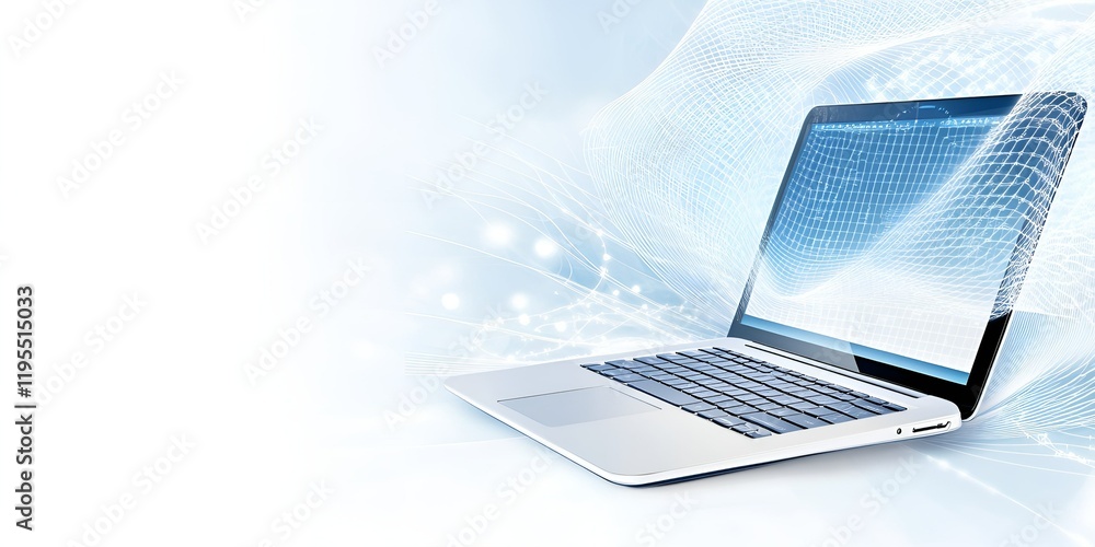 Poster open laptop with a glowing digital grid extending from the screen, representing advanced technology,