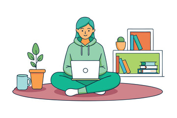 A woman sitting cross-legged on the floor with a laptop in her lap vector art illustration.eps