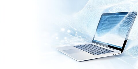 Open laptop with a glowing digital grid extending from the screen, representing advanced technology, network connections, and virtual data flow in a modern and abstract style