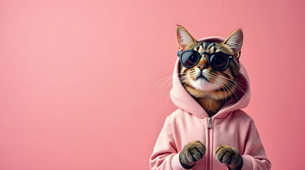A stylish cat in sunglasses and a hoodie strikes a playful pose on a pink background, with enough space for your text.