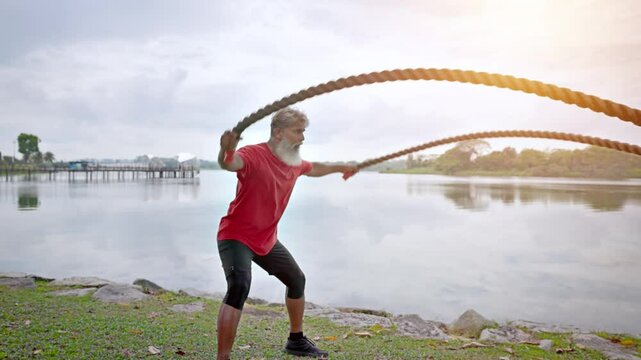 Mature Indian man with a beard working out with a battle rope at a lakeside park In Singapore. Slow motion.