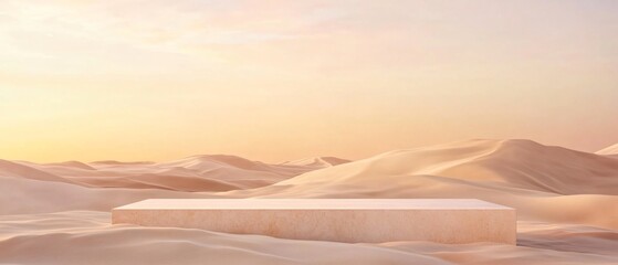 Front view of minimal sandstone podium, desert with sand dunes. Gold gradient. Copy space. Generative AI.
