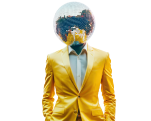 Isolated Man with Disco Ball Head in Yellow Suit