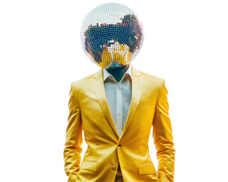 Isolated Man with Disco Ball Head in Yellow Suit