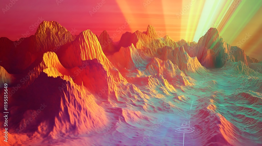 Poster holographic map displaying the terrain of an uncharted alien world