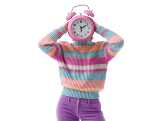 Isolated Woman with Pink Alarm Clock Head