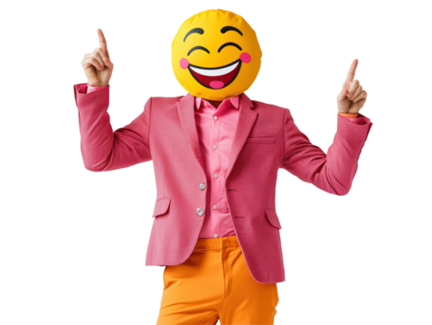 Isolated Man with Happy Emoji Head and Fingers Pointing Up