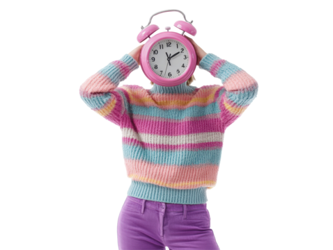 Isolated Woman with Pink Alarm Clock Head