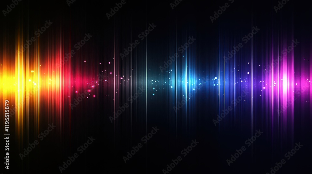 Poster colorful abstract background with vertical lines and glowing particles on black
