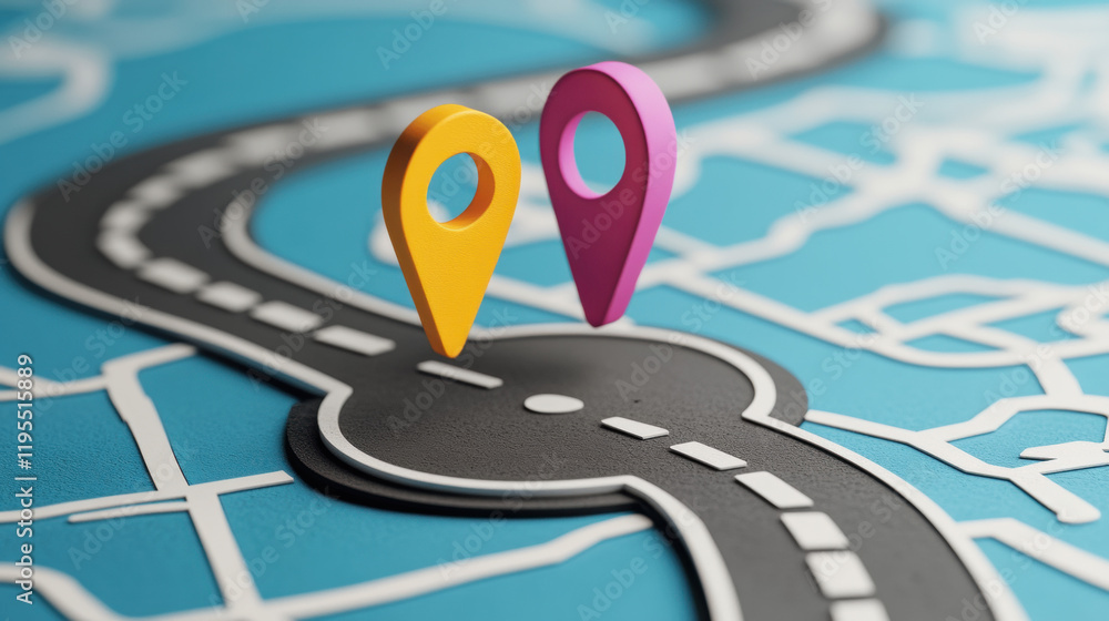 Poster road map, 3d, a high-fidelity 3d illustration of a winding road map with a glowing effect, perfect f