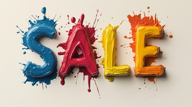 The word "SALE" formed by splattered liquid paint, with vibrant colors like red, blue, and yellow dripping from the letters, on a white plain background.