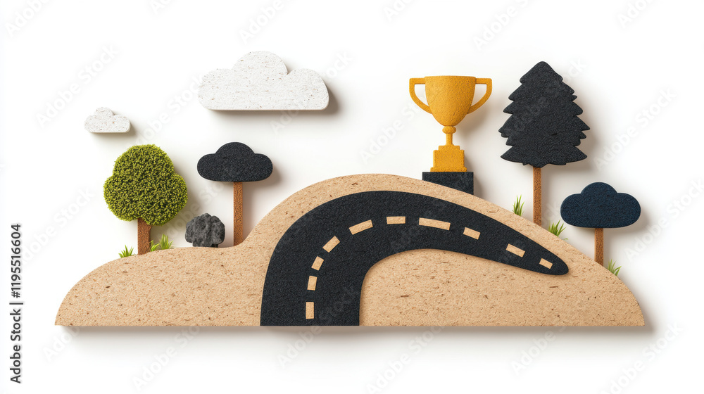 Poster road map, 3d, a high-fidelity 3d model of a roadmap leading to a finish line, suitable for use in vi