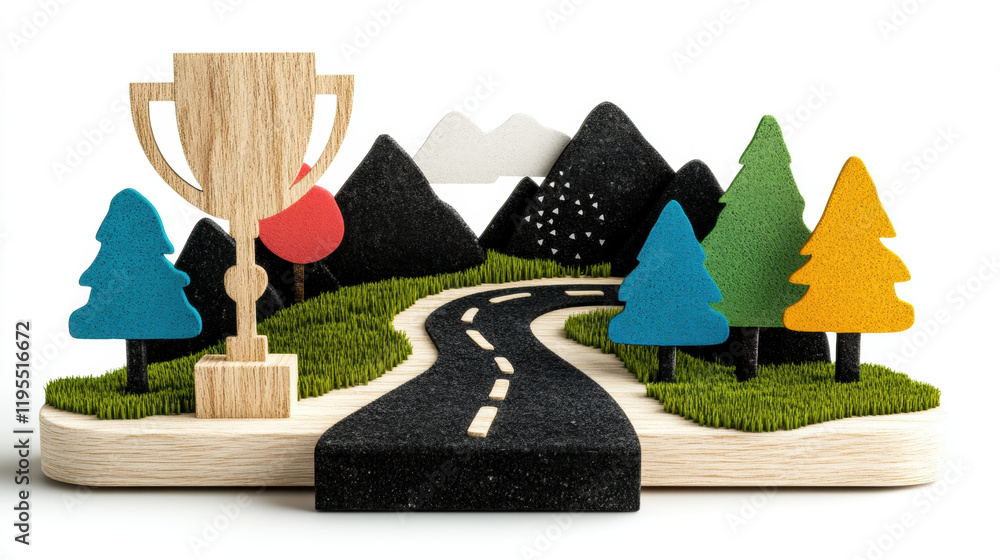 Poster road map, 3d, 3d model of a roadmap illustrating a journey to a finish line, suitable for high-fidel