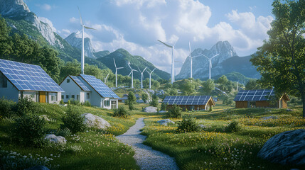 Naklejka premium A rural village powered entirely by solar panels