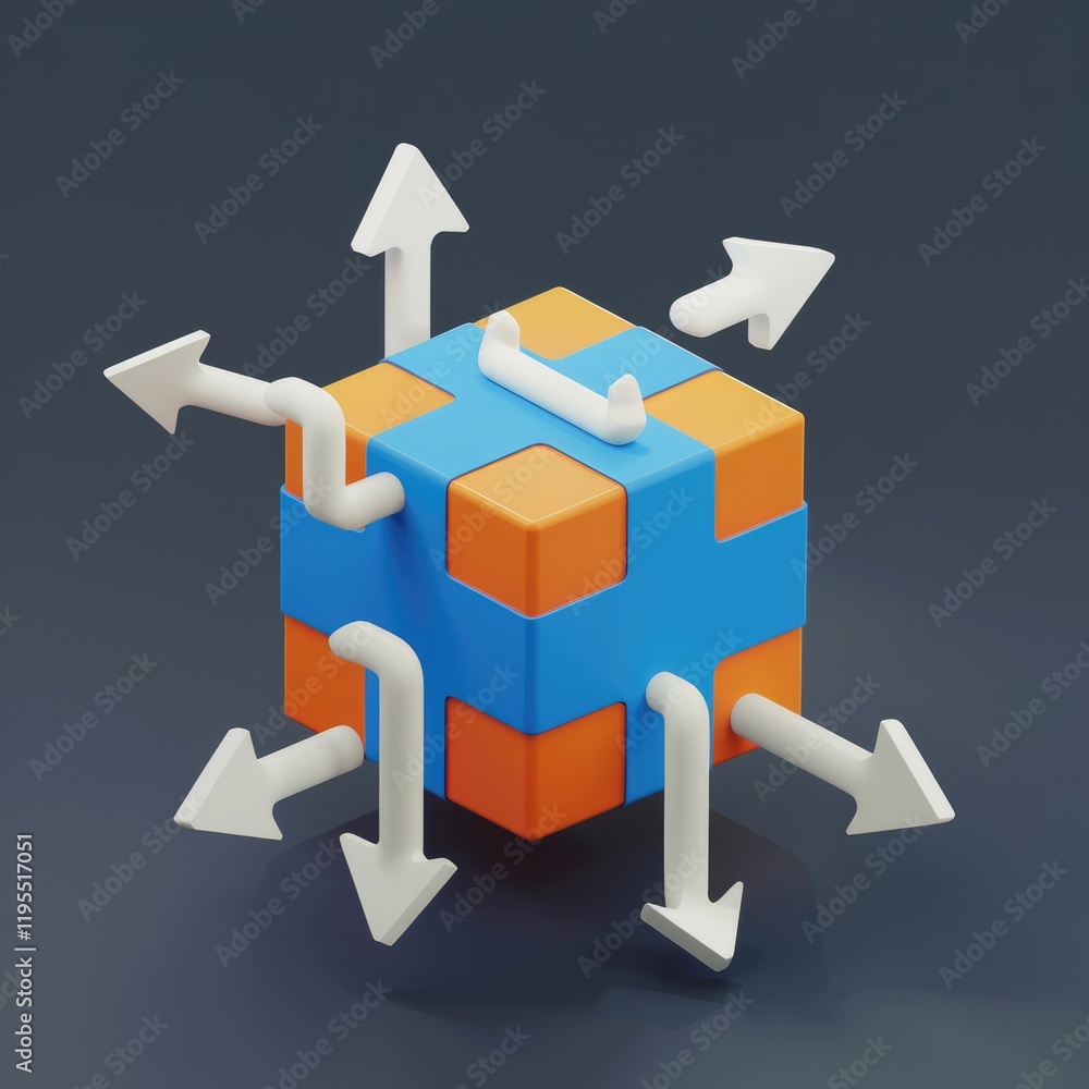 Poster Abstract 3D rendering of a cube with arrows symbolizing multifaceted data flow and interconnectedness.
