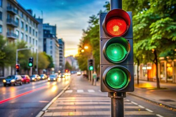 A vibrant city street scene featuring a traffic light displaying red and green signals, with blurred cars and trees in the background during sunset.