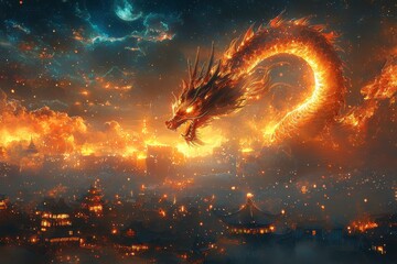 Majestic Fire Dragon Soars Over Enchanted Cityscape Illuminated by Flames and Glowing Lights Under Starry Night Sky in a Fantastical Realm