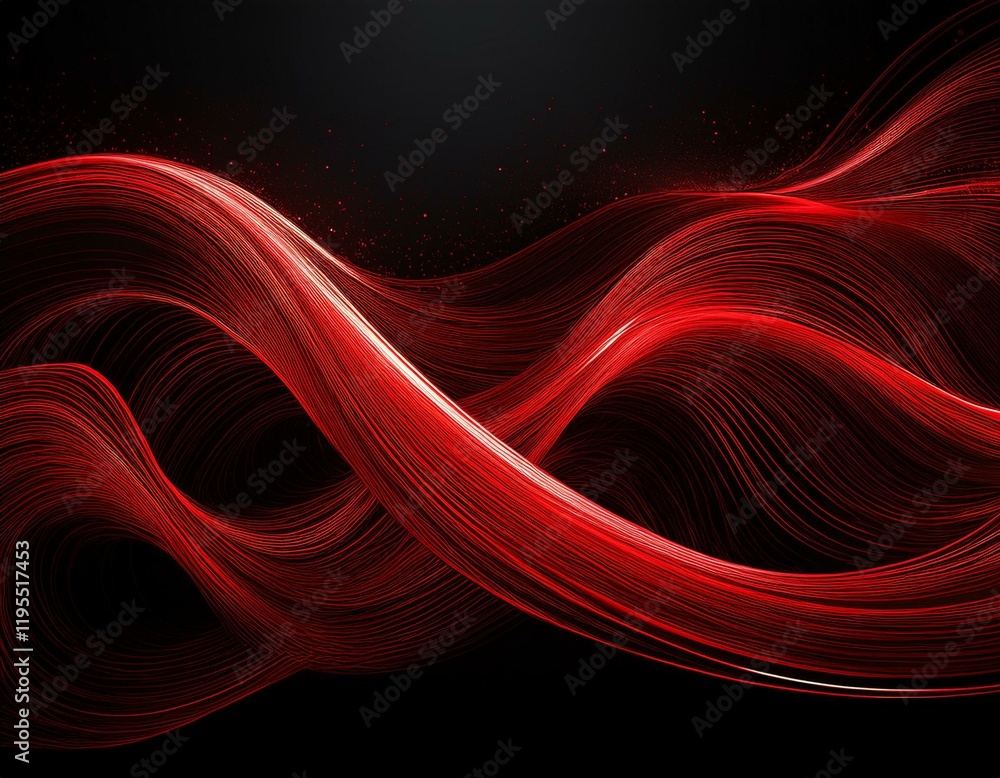 Poster abstract red lines are flowing on black background with particles